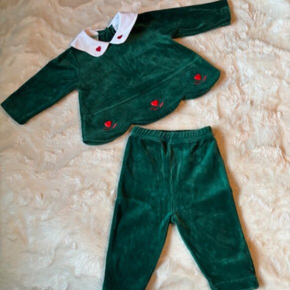 Sears Baby Two-piece Green Velour Size 12 MTHS 20 LBS Holiday Vintage EUC - Picture 1 of 14